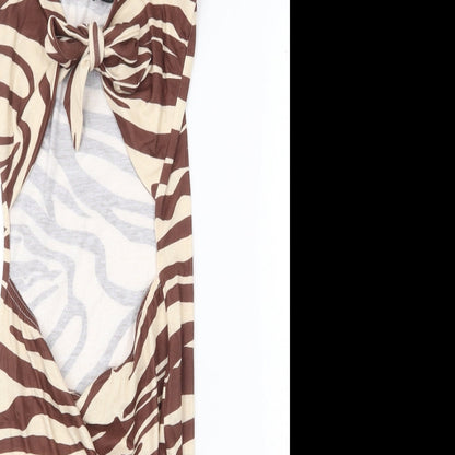 PRETTYLITTLETHING Womens Brown Animal Print Polyester Bodycon Size 8 Scoop Neck Tie - Zebra Print