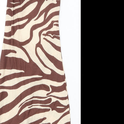 PRETTYLITTLETHING Womens Brown Animal Print Polyester Bodycon Size 8 Scoop Neck Tie - Zebra Print