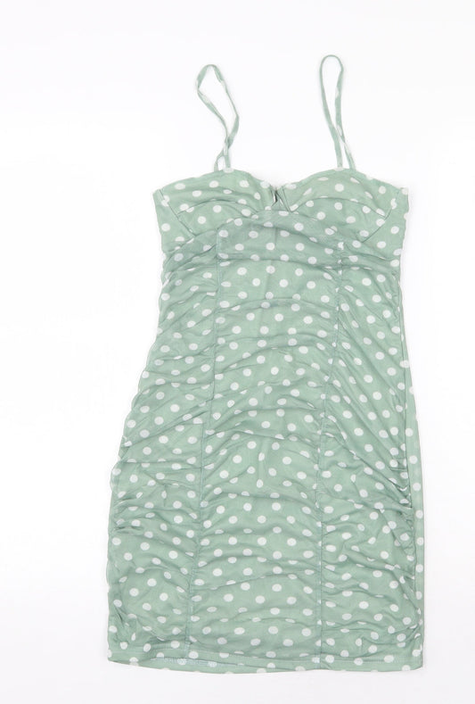 PRETTYLITTLETHING Womens Green Polka Dot Polyester Slip Dress Size 6 Sweetheart Pullover