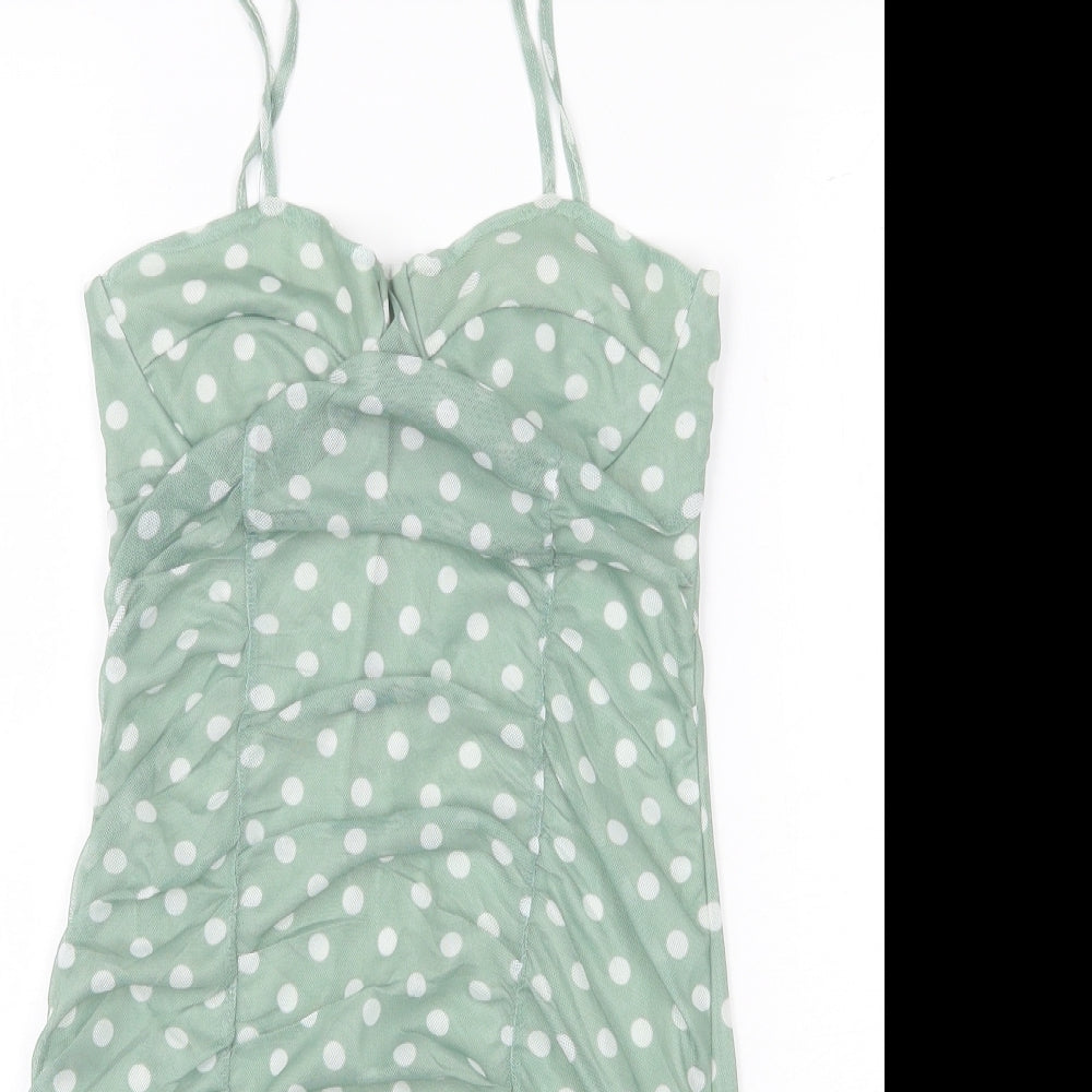 PRETTYLITTLETHING Womens Green Polka Dot Polyester Slip Dress Size 6 Sweetheart Pullover