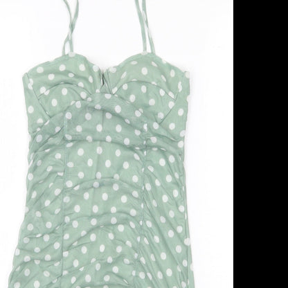PRETTYLITTLETHING Womens Green Polka Dot Polyester Slip Dress Size 6 Sweetheart Pullover