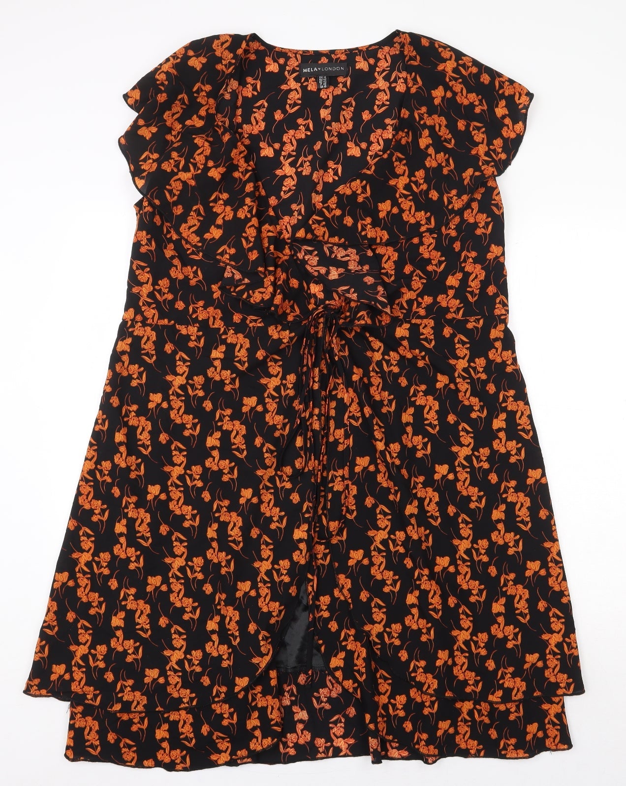 Mela Loves London Womens Black Floral Polyester Wrap Dress Size 14 Scoop Neck Tie