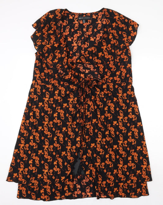 Mela Loves London Womens Black Floral Polyester Wrap Dress Size 14 Scoop Neck Tie
