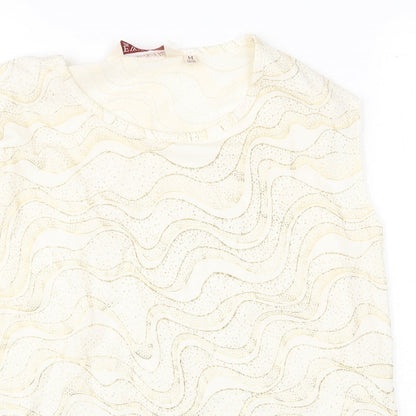 EWM Womens Gold Geometric Polyester Basic T-Shirt Size M Round Neck