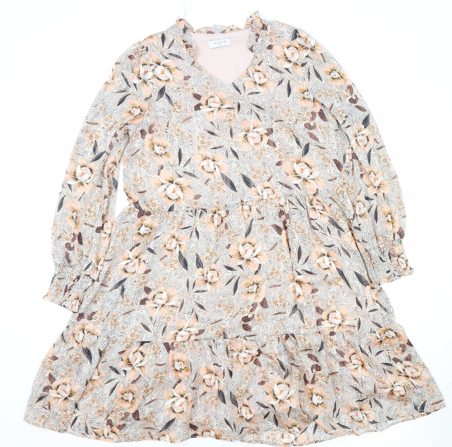 Papaya Womens Pink Floral Viscose Skater Dress Size 12 V-Neck Pullover - Tiered