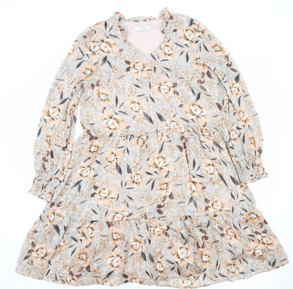 Papaya Womens Pink Floral Viscose Skater Dress Size 12 V-Neck Pullover - Tiered
