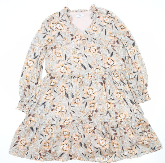 Papaya Womens Pink Floral Viscose Skater Dress Size 12 V-Neck Pullover - Tiered