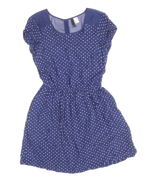 Divided by H&M Womens Blue Polka Dot Viscose A-Line Size 8 Scoop Neck Button