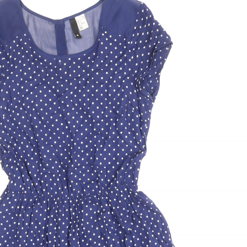 Divided by H&M Womens Blue Polka Dot Viscose A-Line Size 8 Scoop Neck Button