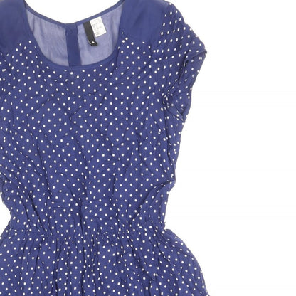 Divided by H&M Womens Blue Polka Dot Viscose A-Line Size 8 Scoop Neck Button