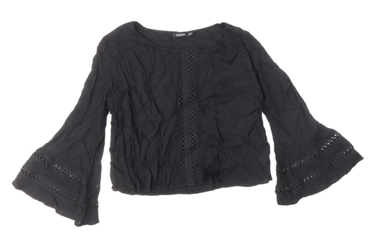 Boohoo Womens Black Viscose Basic Blouse Size 10 Boat Neck - Flute Sleeve