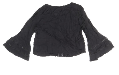 Boohoo Womens Black Viscose Basic Blouse Size 10 Boat Neck - Flute Sleeve