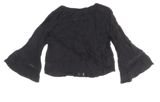 Boohoo Womens Black Viscose Basic Blouse Size 10 Boat Neck - Flute Sleeve