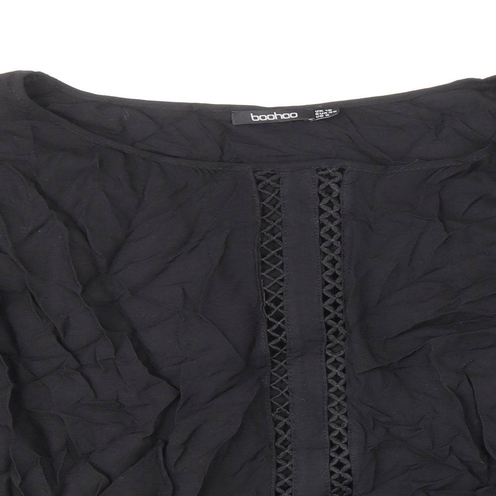 Boohoo Womens Black Viscose Basic Blouse Size 10 Boat Neck - Flute Sleeve