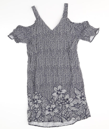 Papaya Womens Blue Floral Viscose A-Line Size 10 V-Neck Pullover