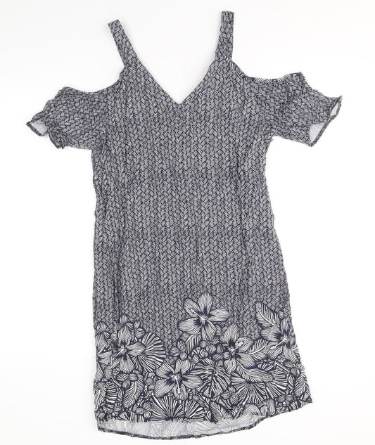 Papaya Womens Blue Floral Viscose A-Line Size 10 V-Neck Pullover