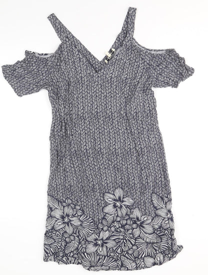 Papaya Womens Blue Floral Viscose A-Line Size 10 V-Neck Pullover
