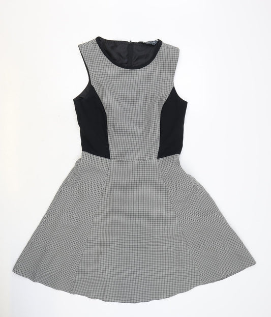 Dorothy Perkins Womens Black Houndstooth Polyester Skater Dress Size 10 Scoop Neck Zip