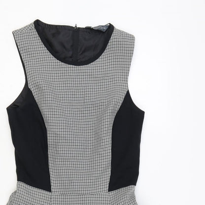 Dorothy Perkins Womens Black Houndstooth Polyester Skater Dress Size 10 Scoop Neck Zip