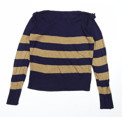 Internationale Womens Blue Round Neck Striped Cotton Pullover Jumper Size 14