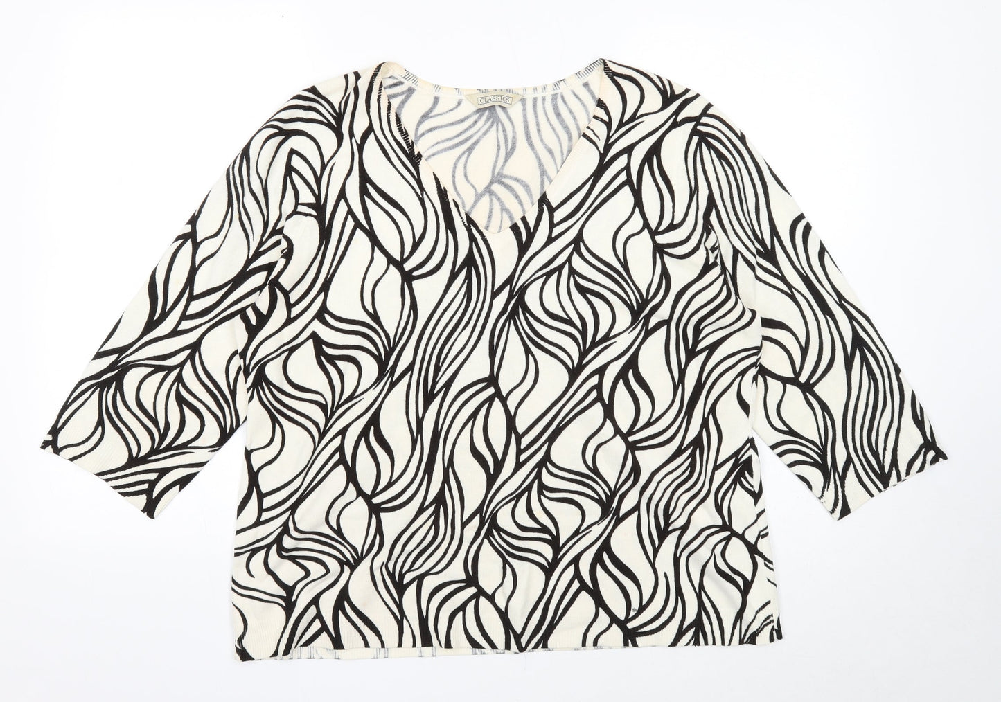 Classic Womens Ivory V-Neck Geometric Acrylic Pullover Jumper Size 20