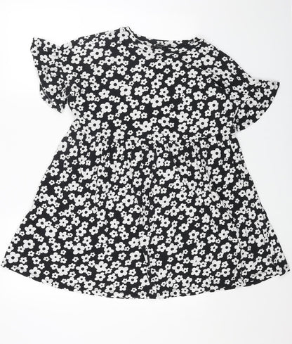New Look Womens Black Floral Cotton Trapeze & Swing Size 10 Boat Neck Pullover
