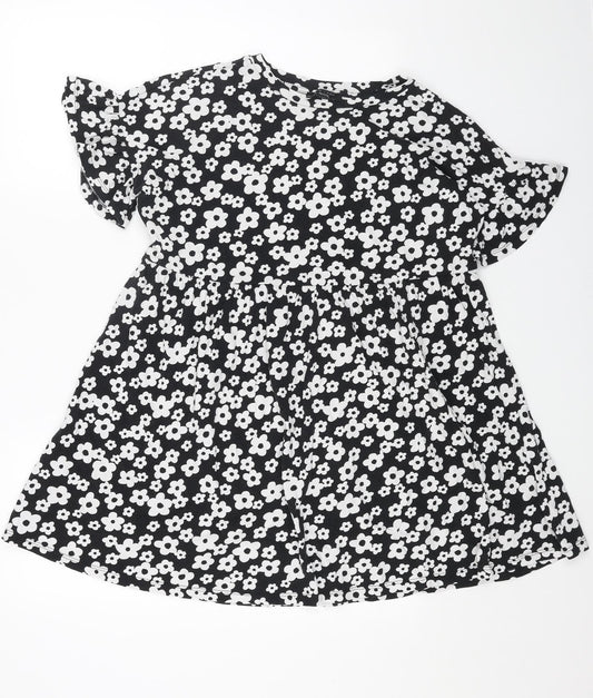 New Look Womens Black Floral Cotton Trapeze & Swing Size 10 Boat Neck Pullover