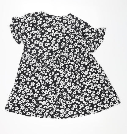 New Look Womens Black Floral Cotton Trapeze & Swing Size 10 Boat Neck Pullover