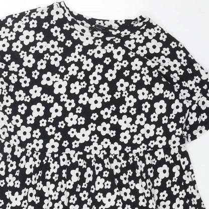 New Look Womens Black Floral Cotton Trapeze & Swing Size 10 Boat Neck Pullover
