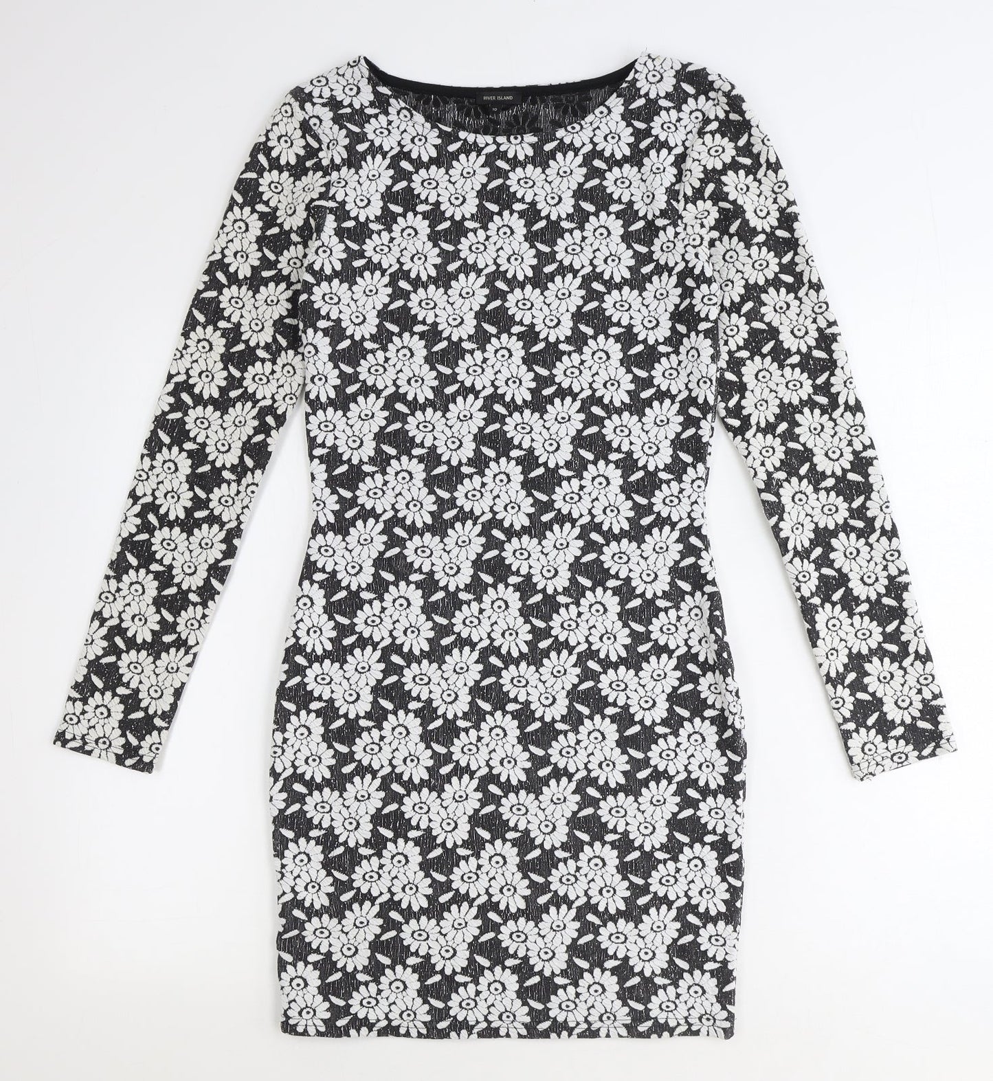 River Island Womens Black Floral Polyester Bodycon Size 10 Boat Neck Pullover