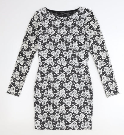 River Island Womens Black Floral Polyester Bodycon Size 10 Boat Neck Pullover