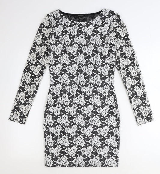 River Island Womens Black Floral Polyester Bodycon Size 10 Boat Neck Pullover