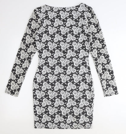 River Island Womens Black Floral Polyester Bodycon Size 10 Boat Neck Pullover