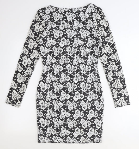 River Island Womens Black Floral Polyester Bodycon Size 10 Boat Neck Pullover