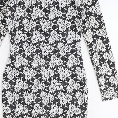 River Island Womens Black Floral Polyester Bodycon Size 10 Boat Neck Pullover