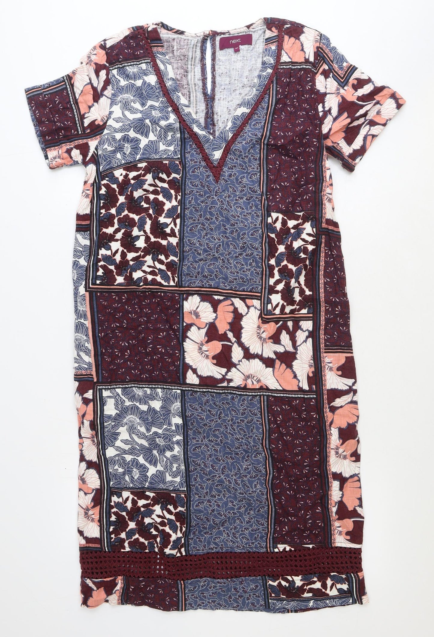 NEXT Womens Multicoloured Geometric Linen Shift Size 10 V-Neck Button