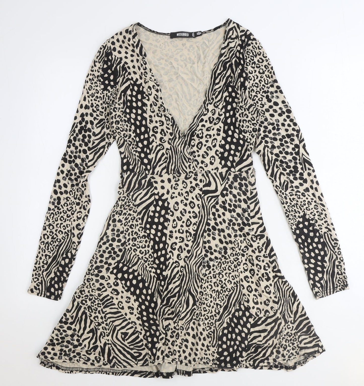 Missguided Womens Beige Animal Print Viscose A-Line Size 6 V-Neck Tie