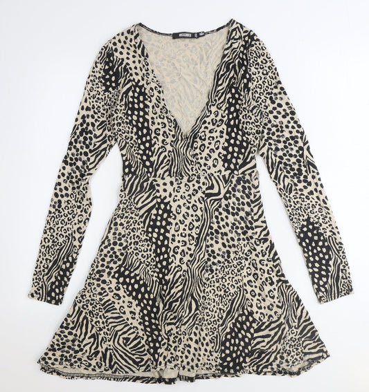 Missguided Womens Beige Animal Print Viscose A-Line Size 6 V-Neck Tie