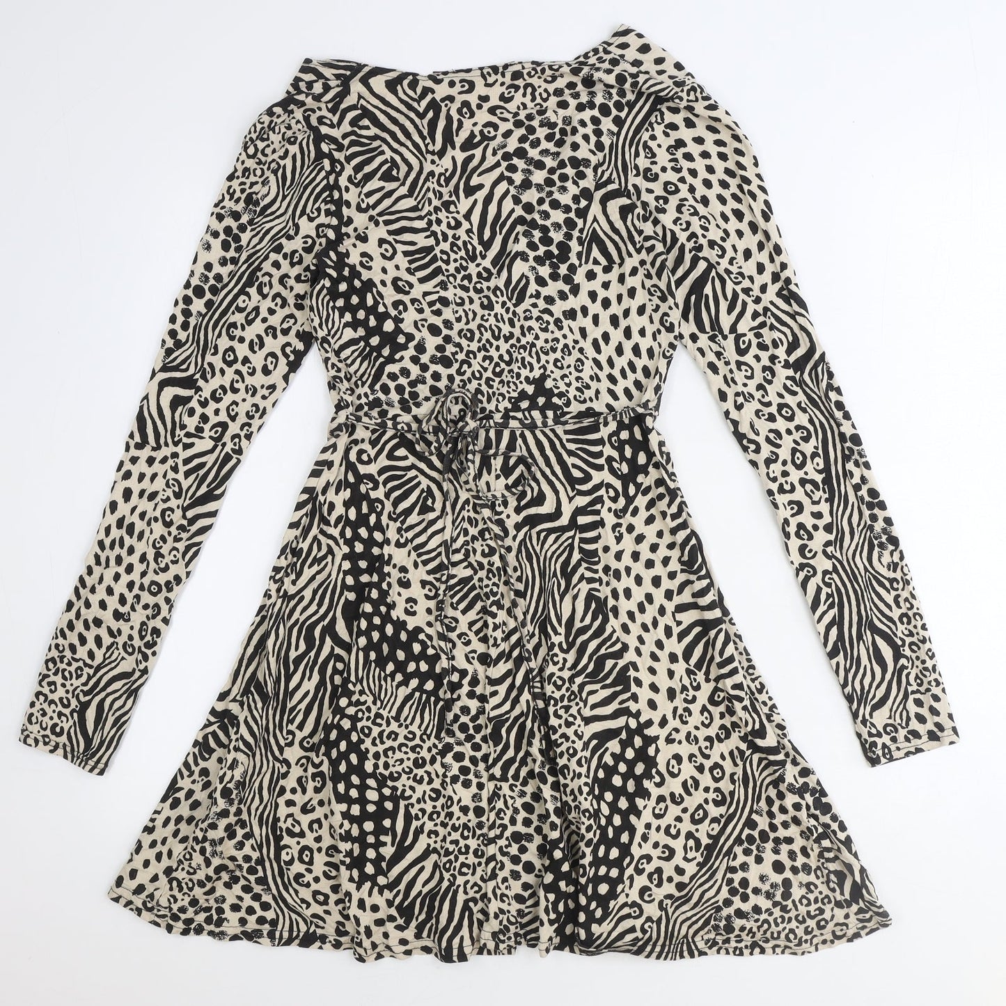 Missguided Womens Beige Animal Print Viscose A-Line Size 6 V-Neck Tie