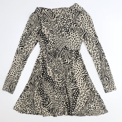 Missguided Womens Beige Animal Print Viscose A-Line Size 6 V-Neck Tie