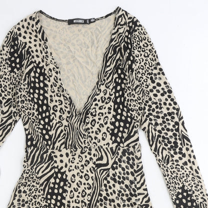 Missguided Womens Beige Animal Print Viscose A-Line Size 6 V-Neck Tie