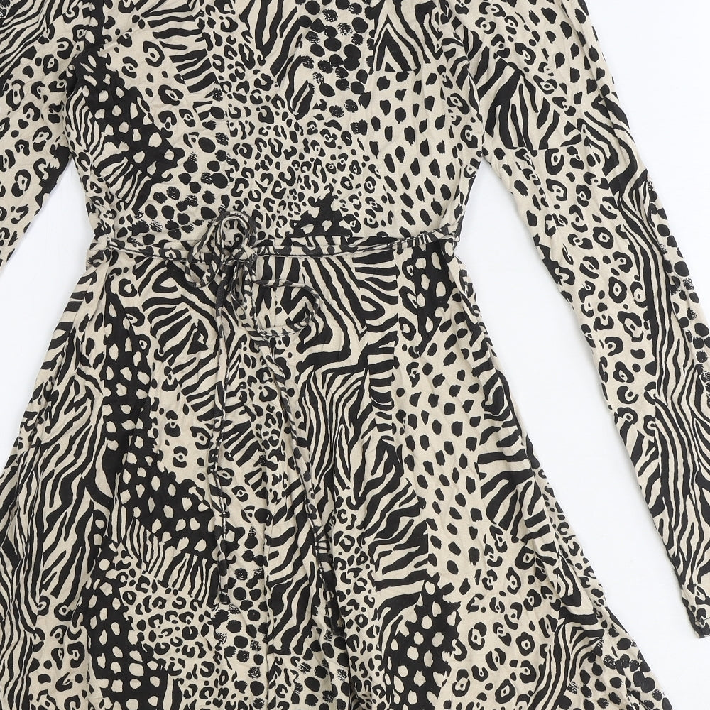 Missguided Womens Beige Animal Print Viscose A-Line Size 6 V-Neck Tie