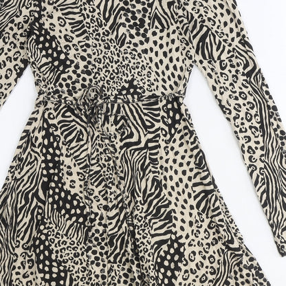 Missguided Womens Beige Animal Print Viscose A-Line Size 6 V-Neck Tie