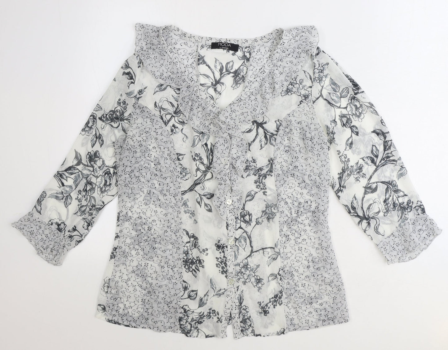 George Womens Grey Floral Polyester Basic Button-Up Size 12 V-Neck