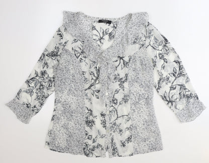 George Womens Grey Floral Polyester Basic Button-Up Size 12 V-Neck