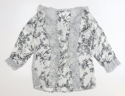 George Womens Grey Floral Polyester Basic Button-Up Size 12 V-Neck