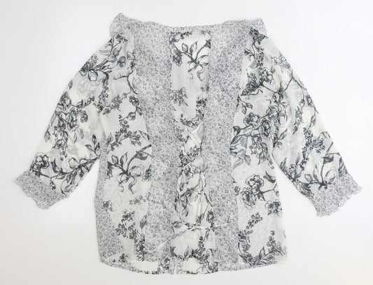 George Womens Grey Floral Polyester Basic Button-Up Size 12 V-Neck