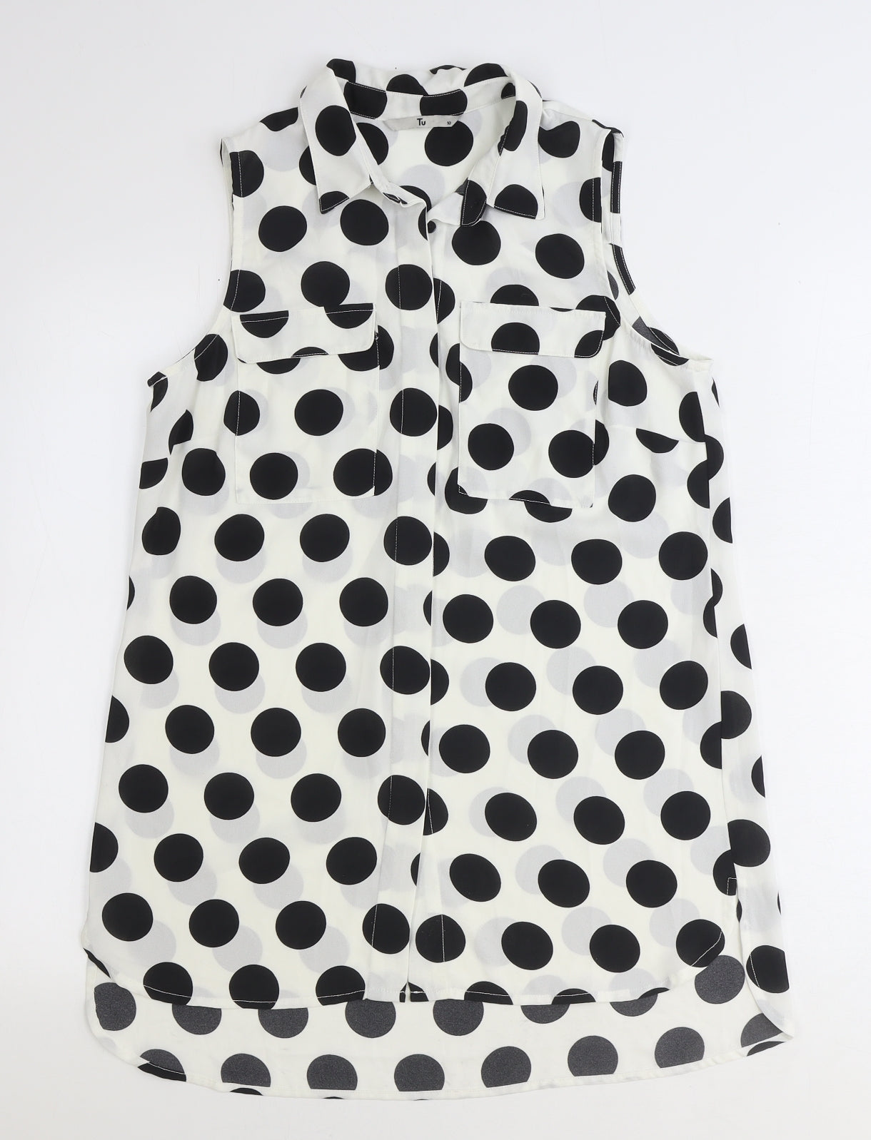 TU Womens White Polka Dot Polyester Basic Button-Up Size 10 Collared