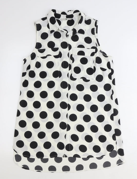TU Womens White Polka Dot Polyester Basic Button-Up Size 10 Collared