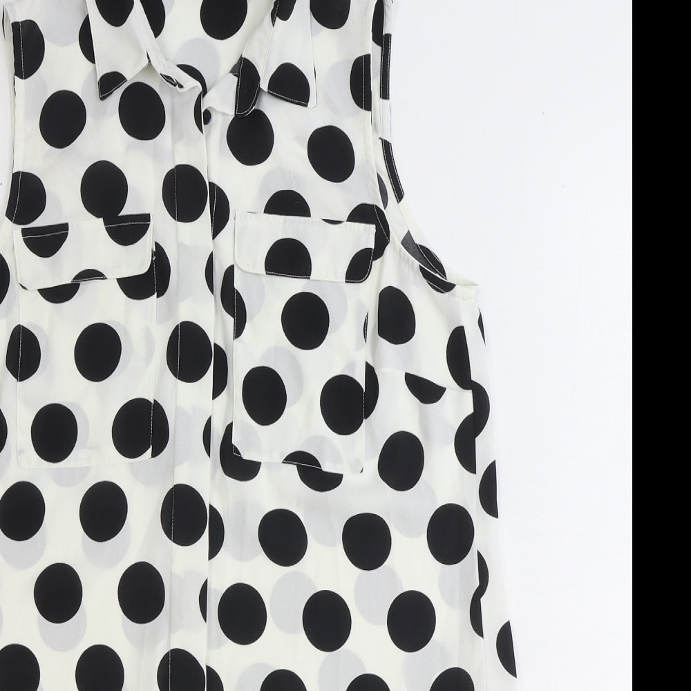 TU Womens White Polka Dot Polyester Basic Button-Up Size 10 Collared